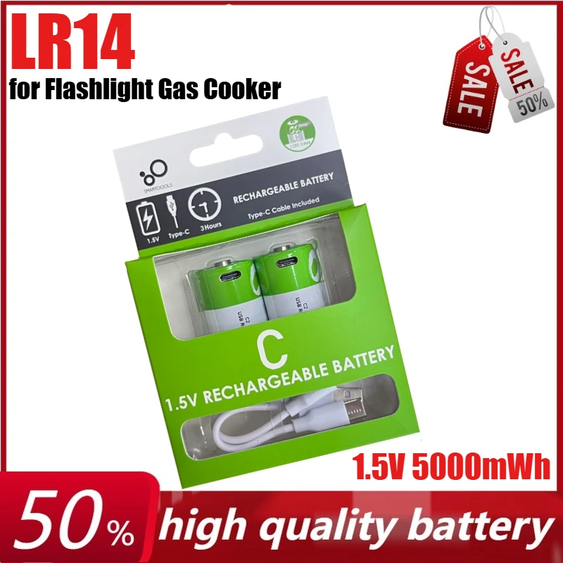1.5V 5000mWh LR14 C Size Li-po Rechargeable Battery for Flashlight Gas Cooker Type-C Ultra-Fast Charging