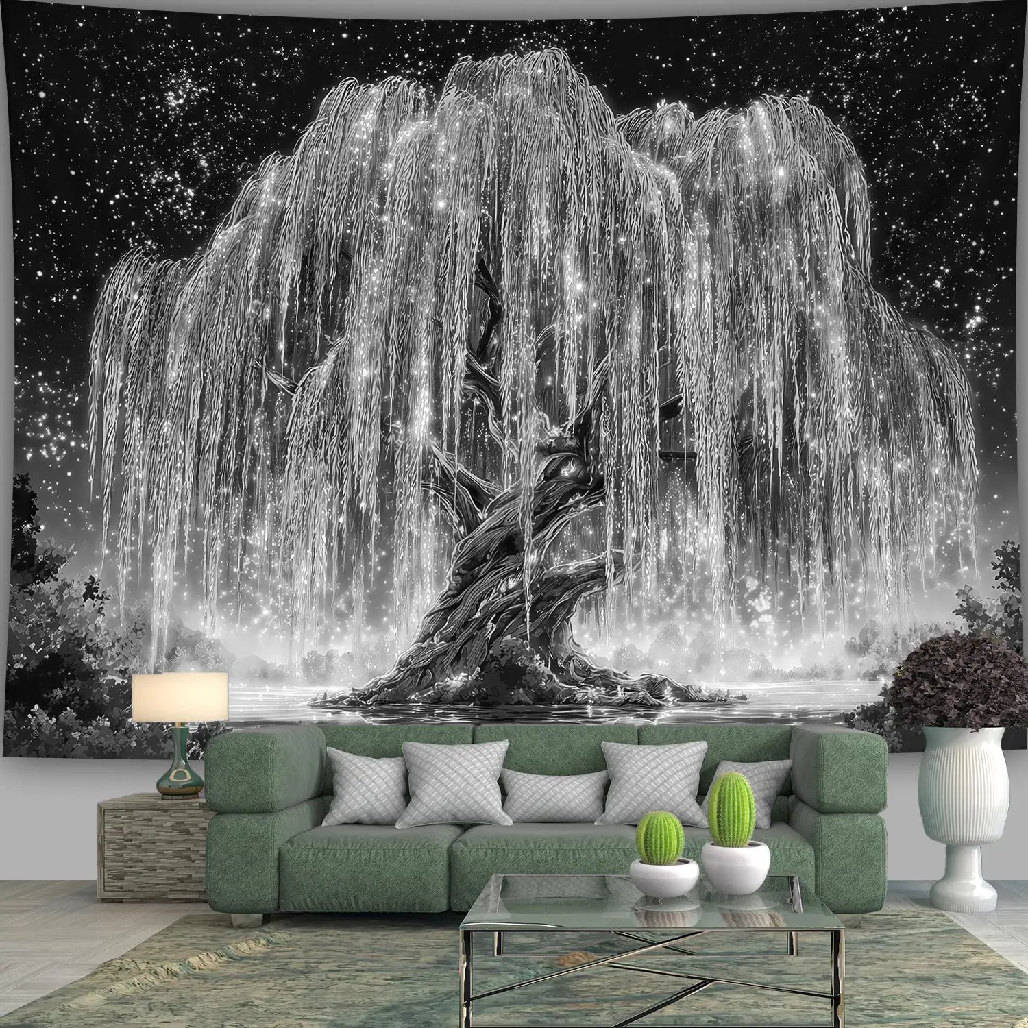 Silver Weeping Willow Tapestry, Glowing Tree with Sparkling Starry Night Sky Art Wall Hanging for Bedroom Living Room Decor