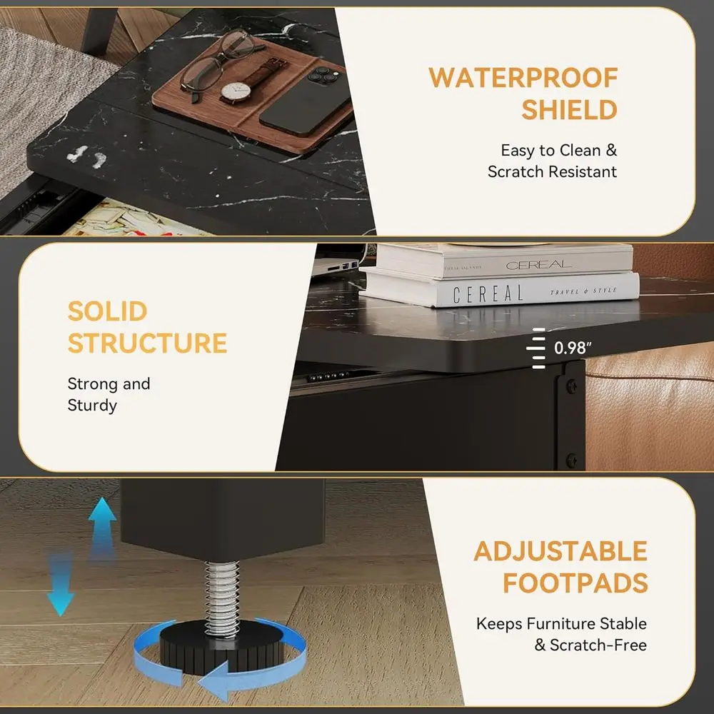 Biometric Safe Coffee Table for Firearms, Wine, and Valuables Storage in Black Marble and Wood