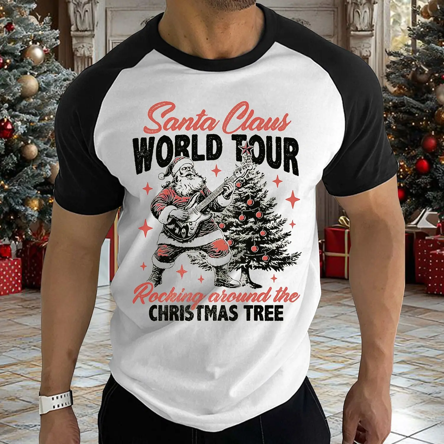 

Men's T Shirt Funny Santa Claus Print Tees Christmas Tree Pattern T-shirts Casual O-neck Loose Short Sleeve Tops X'mas Clothing
