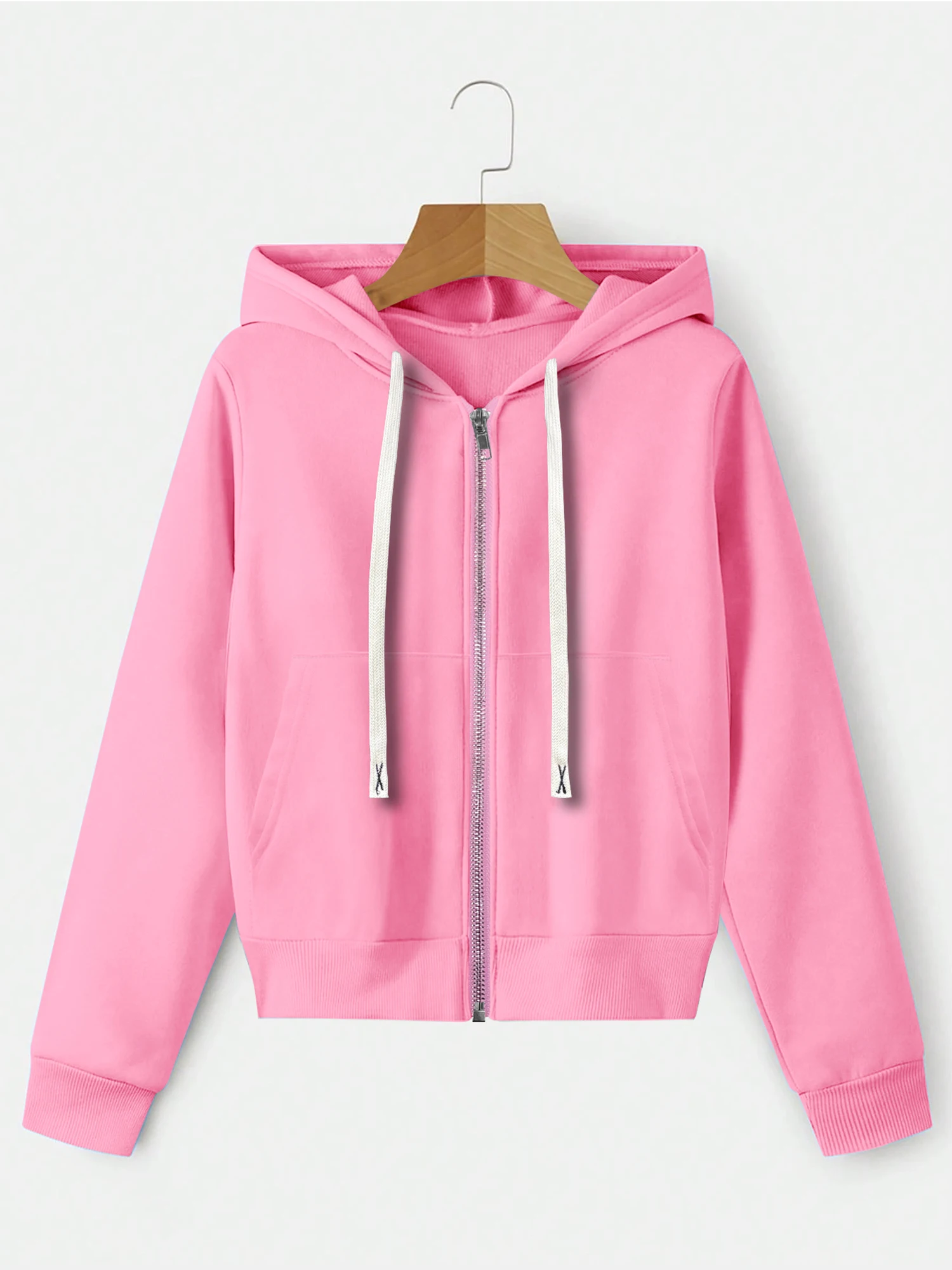 Damen Einfarbiges Old-School-Streetwear Crop-Hoodie mit Reißverschluss und Kordelzug, Langarm Basic-Oberbekleidung – Detail 2