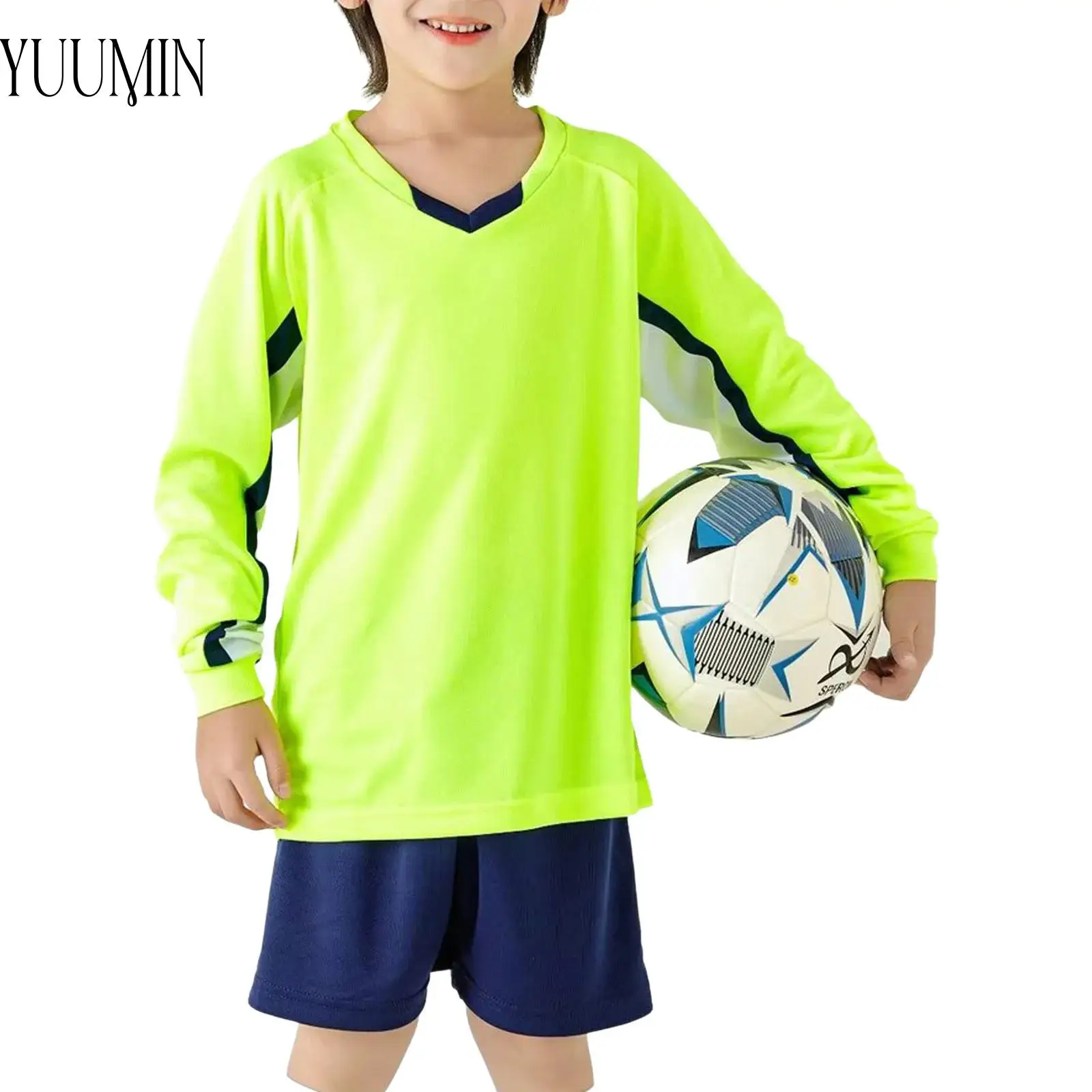 

Boys Girls Football Training Outfit Color Block Soccer Uniform Moisture-Wicking Sports Set Long Sleeve Jersey Top+Shorts Outfit