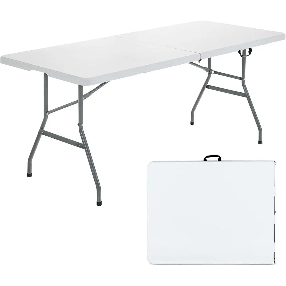 

Portable 6-Foot Plastic Folding Table with Handle, White - Ideal for Outdoors, Picnics, Parties, Camping, Beach, BBQ, No Assembl