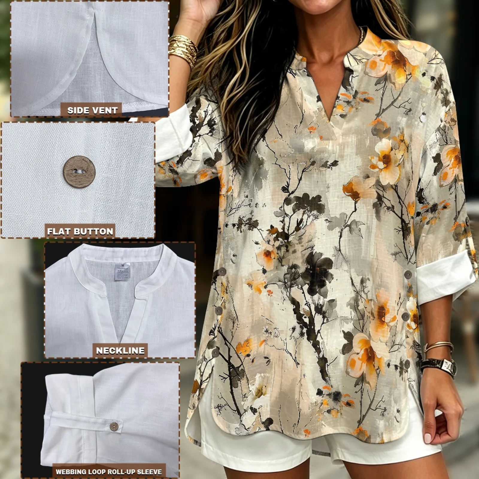 PENSTROLL Watercolor Floral Side Slit Casual Blouses for Women Linen Like V Neck Tunic Blouses V Neck Shirts view 5