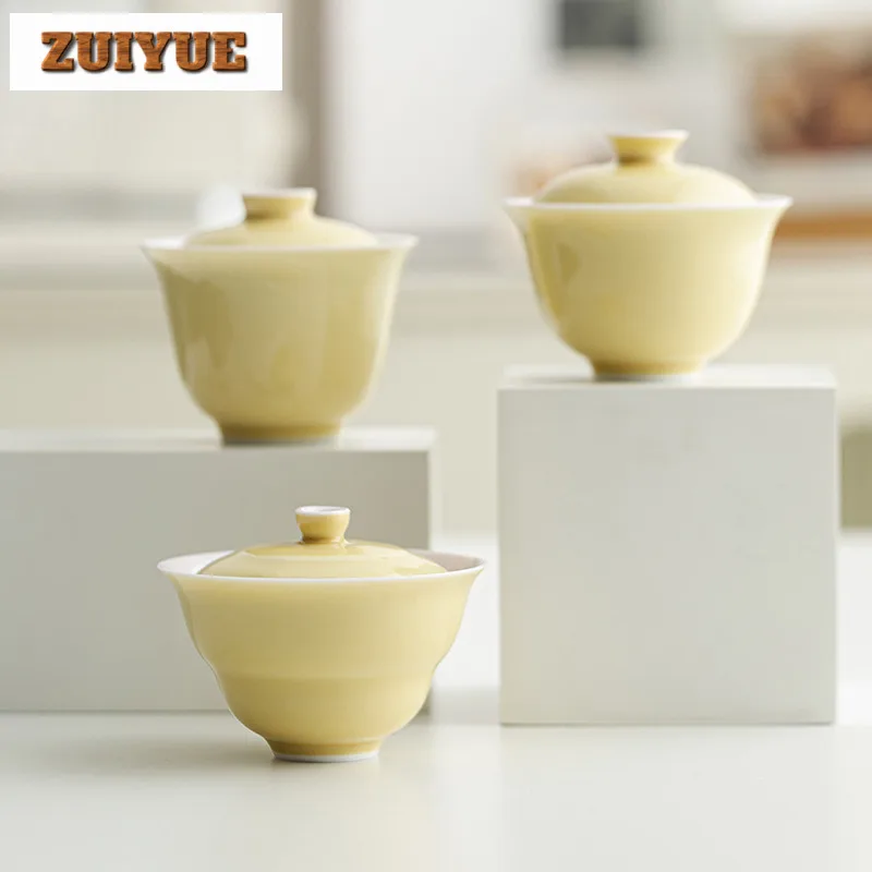 

Light Yellow Pink Inner Glaze Gaiwan Japanese Tea Tureen Tea Bowl With Lid Kit Tea Brewing Cover Bowl Tea Ceremony Ornaments
