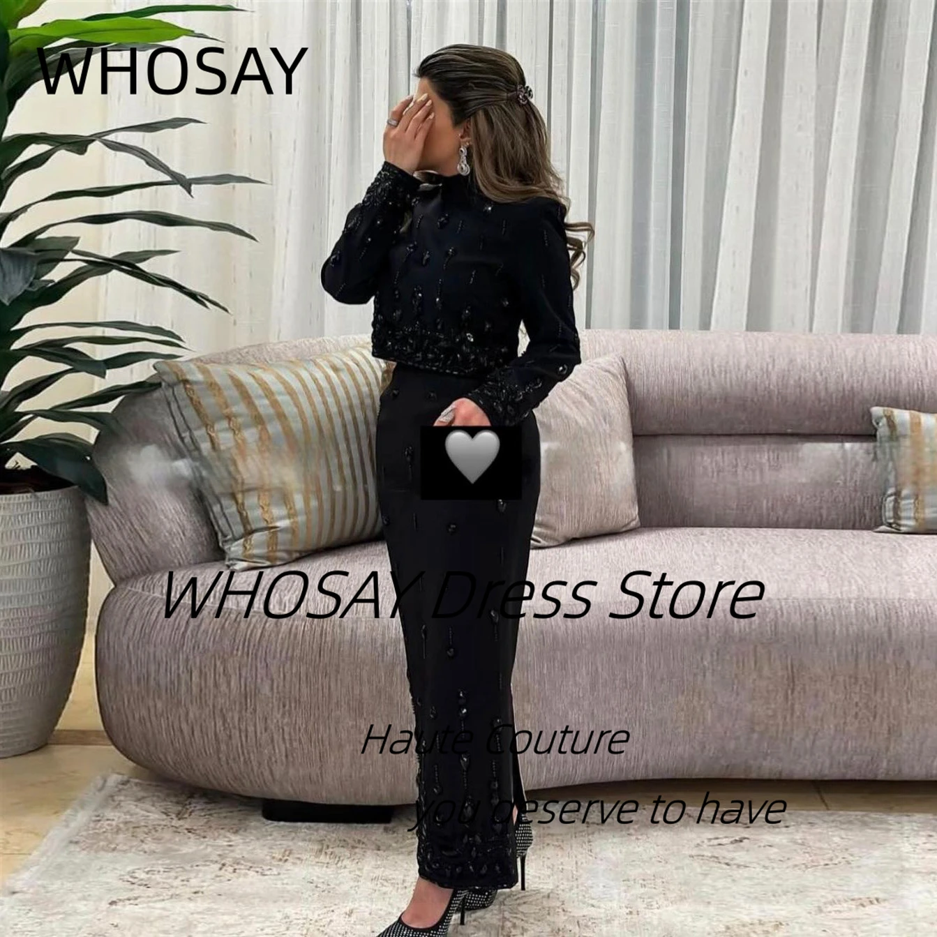 WHOSAY Two Pieces Black Prom Dresses Handmade Beading Luxury Ankle Length Evening Gowns Zipper Back Vestidos Des Fiesta