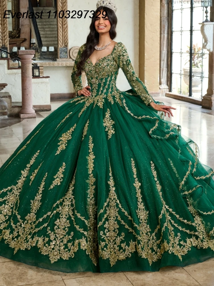 EVLAST Customized Green Quinceanera Dress Ball Gown Gold Lace Applique Beaded Detachable Sleeve Sweet 16 Vestido De 15 TQD437