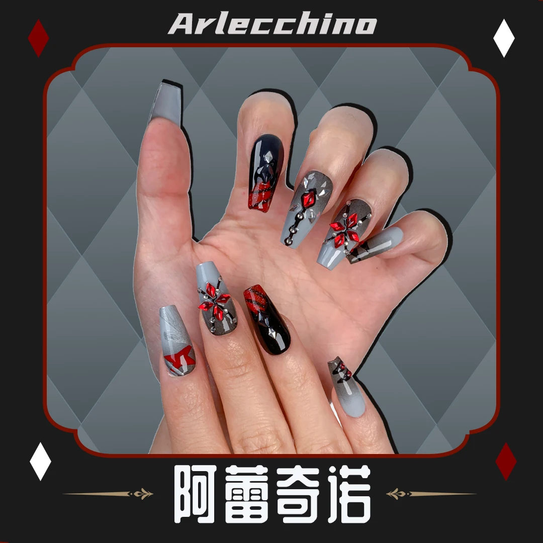 أنيمي جينشين تأثير Arlecchino تأثيري اليدوية الصحافة على الأظافر الكرتون رسمت باليد التصحيح يمكن ارتداؤها درع مسمار تلميح هدية