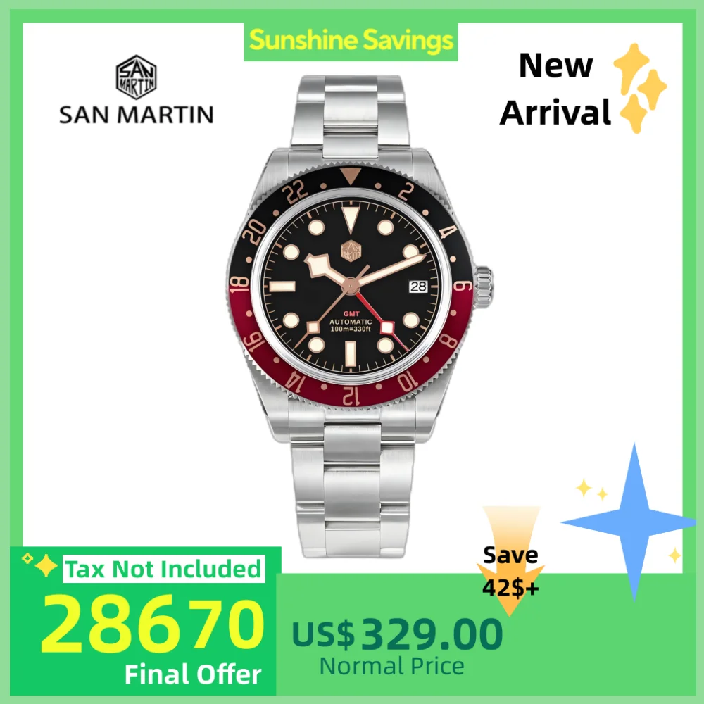 

San Martin 39 мм NH34 GMT Часы Для Мужчин Автоматические Наручные Часы Механические 3H Дата Водонепроницаемые 10Bar Relojes BGW9 Lume часы SN0109