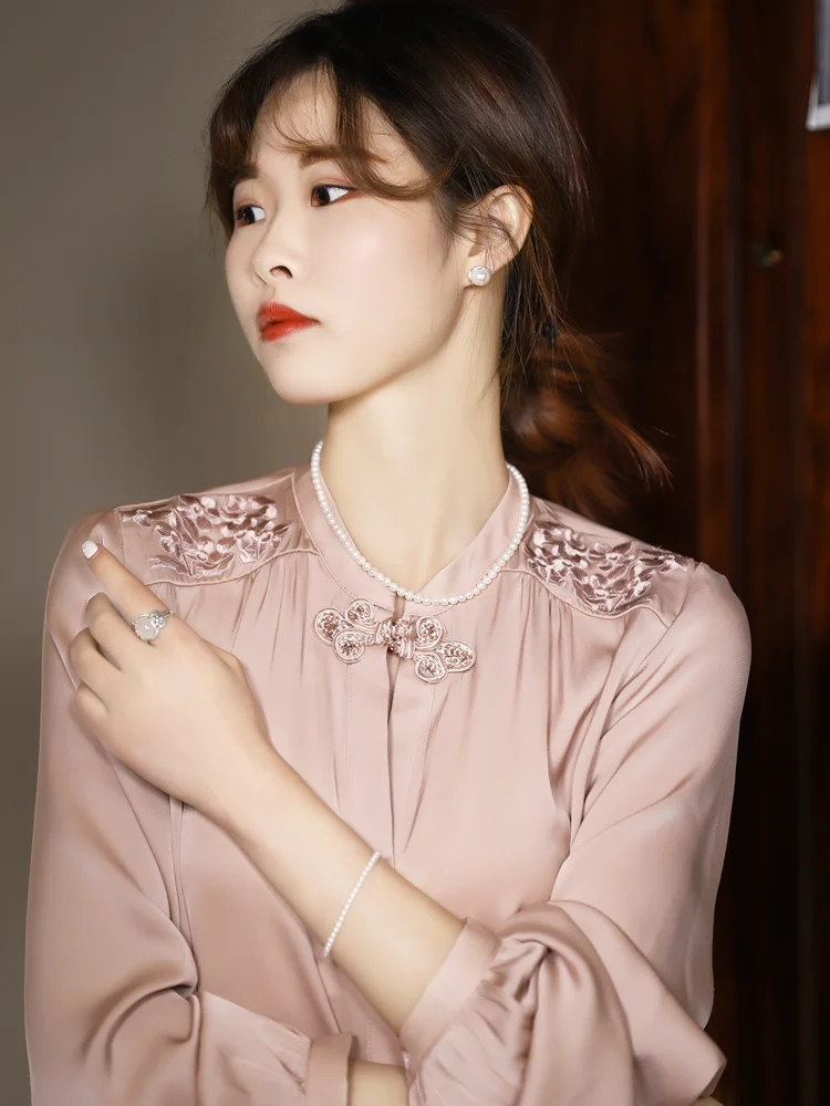 

Шелковые блузки для женщин из тяжелого шелка с вышивкой, винтажным воротником на пуговицах и двойным слоем марли, женские топы