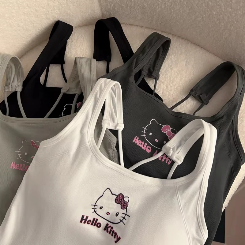 Sanrio HelloKitty Fashion Clothing Y2K Top with Breast Pad Cute Top Girl Summer Cool Cropped Top White Sexy Suspender