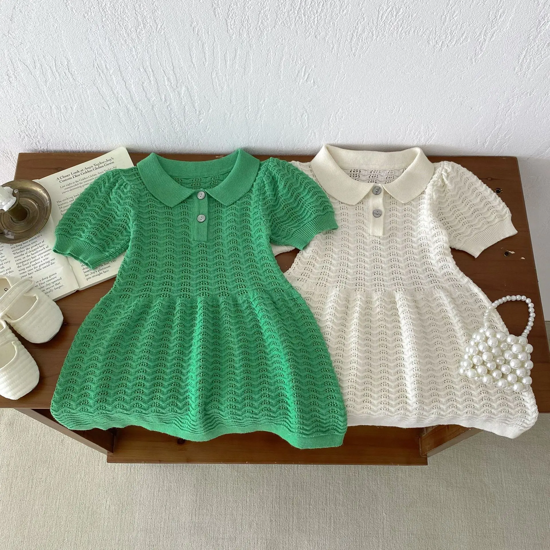 

2025 Summer New Baby Girl Hollow Out Knitted Dress Solid Infant Toddler Thin Breathable Dress Kids Girl Short Sleeve Lapel Dress