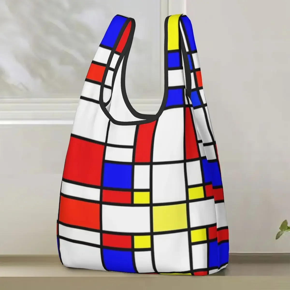 Piet Mondrian De Stijl Shopping Bag Portable Tote Bags Foldable Shoulder Shopper Bag Groceries Handbag