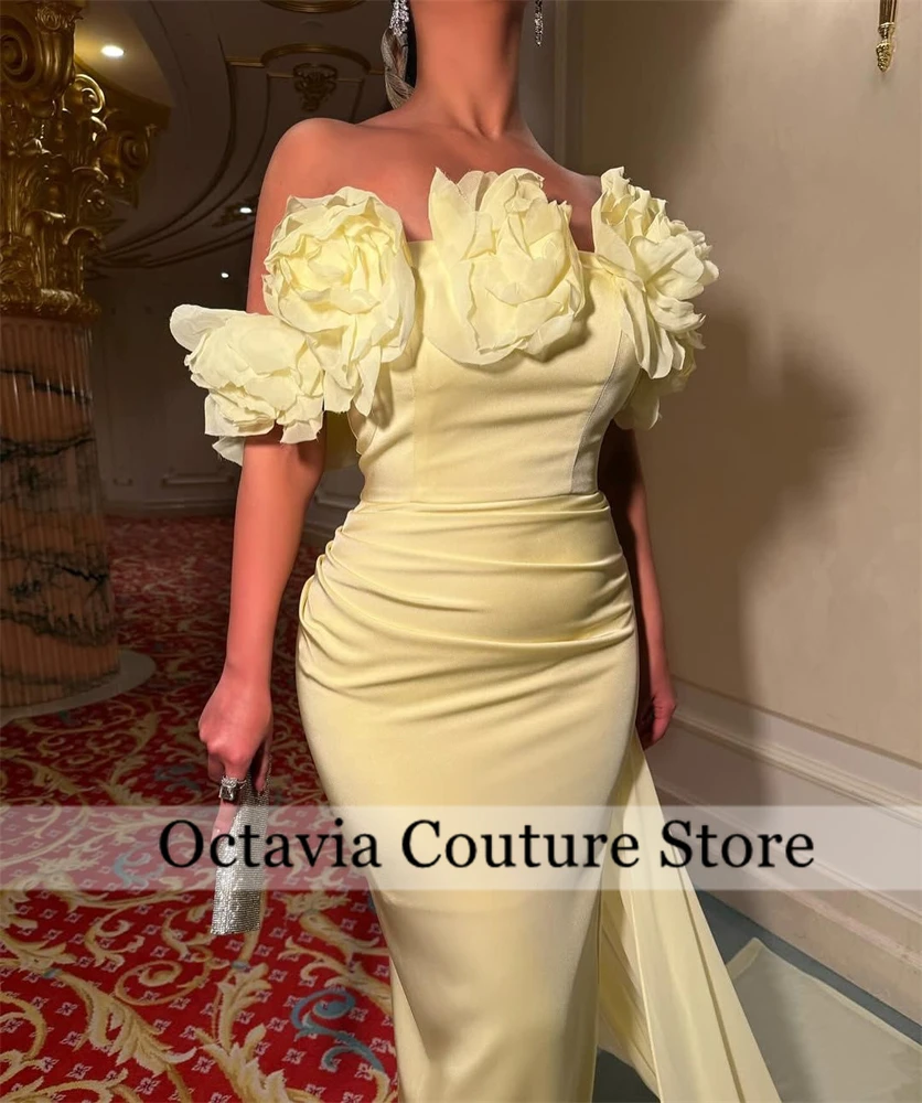 Dubai personalizado amarillo fuera del hombro vestido de noche volantes vestidos para ocasiones especiales con apliques de cola cremallera trasera فستان و