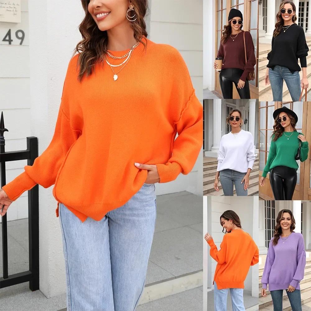 O-neck Crochet Kintted Sweater Women Loose Orange Y2k Top Long Sleeve Pullovers Spring Autumn Winter Jumper Sueter Mujerer