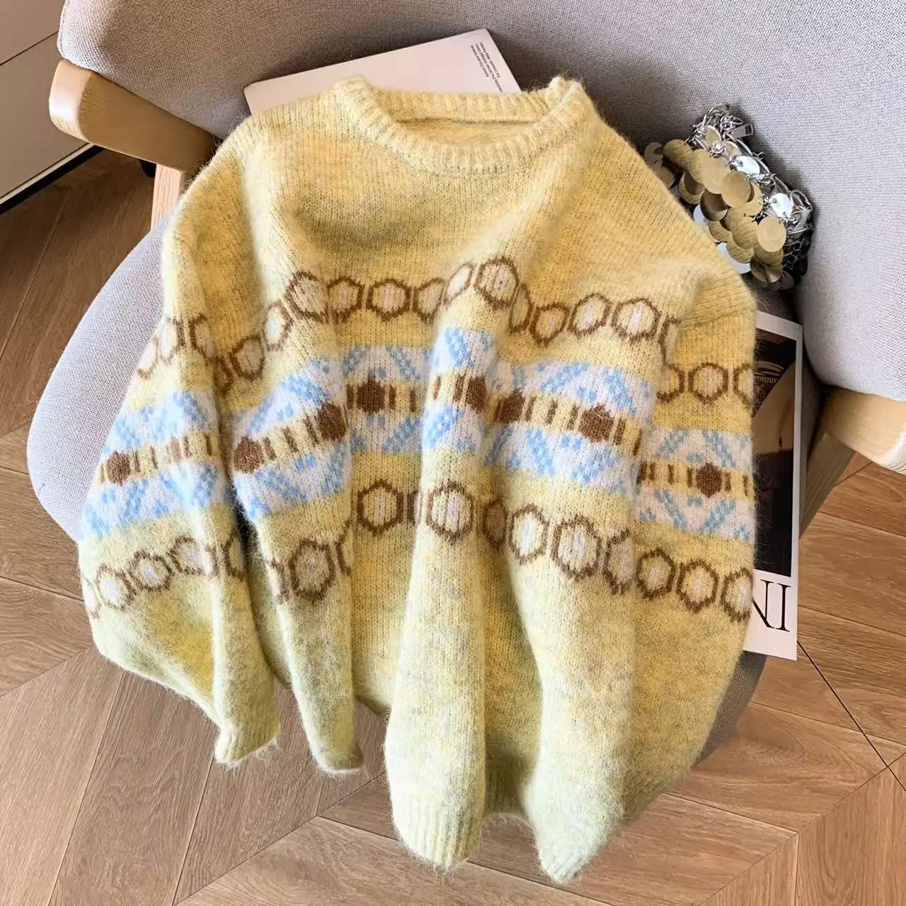 الأصفر الرجعية المرأة تريكو الخريف الشتاء Thiened جديد Sle Fair Isle التطريز تصميم فضفاض ملابس داخلية تخفيف مستقيم...