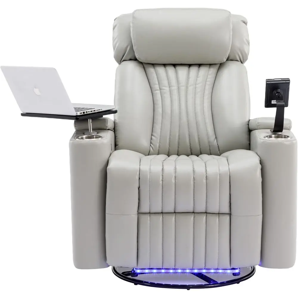

Blue Home Theater Swivel Recliner with Storage, LED Lights, Cup Holder, and Phone Holder