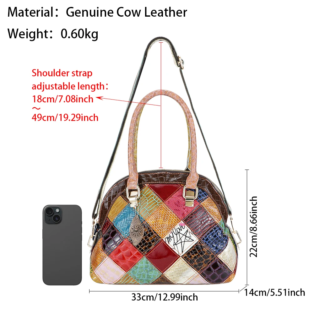 Royal Bagger Patchwork Top-Handle Bags, Genuine Leather Shoulder Crossbody Bag, Colorful Stitching Plaid Handbag for Women 1770