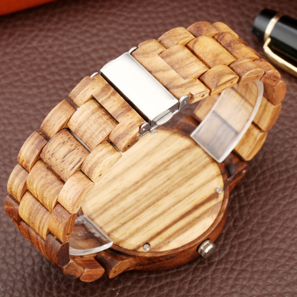 Natural Fashion Zebrawood Bangle Men\'s Watch Full Wooden Watch Strap Quartz Wristwatch Vintage Casual Man Clock Folding Clasp