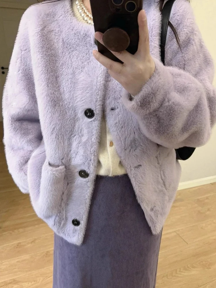 Purple Retro Faux Lamb Coats Women Sweet Long Sleeve O Neck Elegant Jacket Korean Vintage Winter Warm Female Pocket Outwear Tops