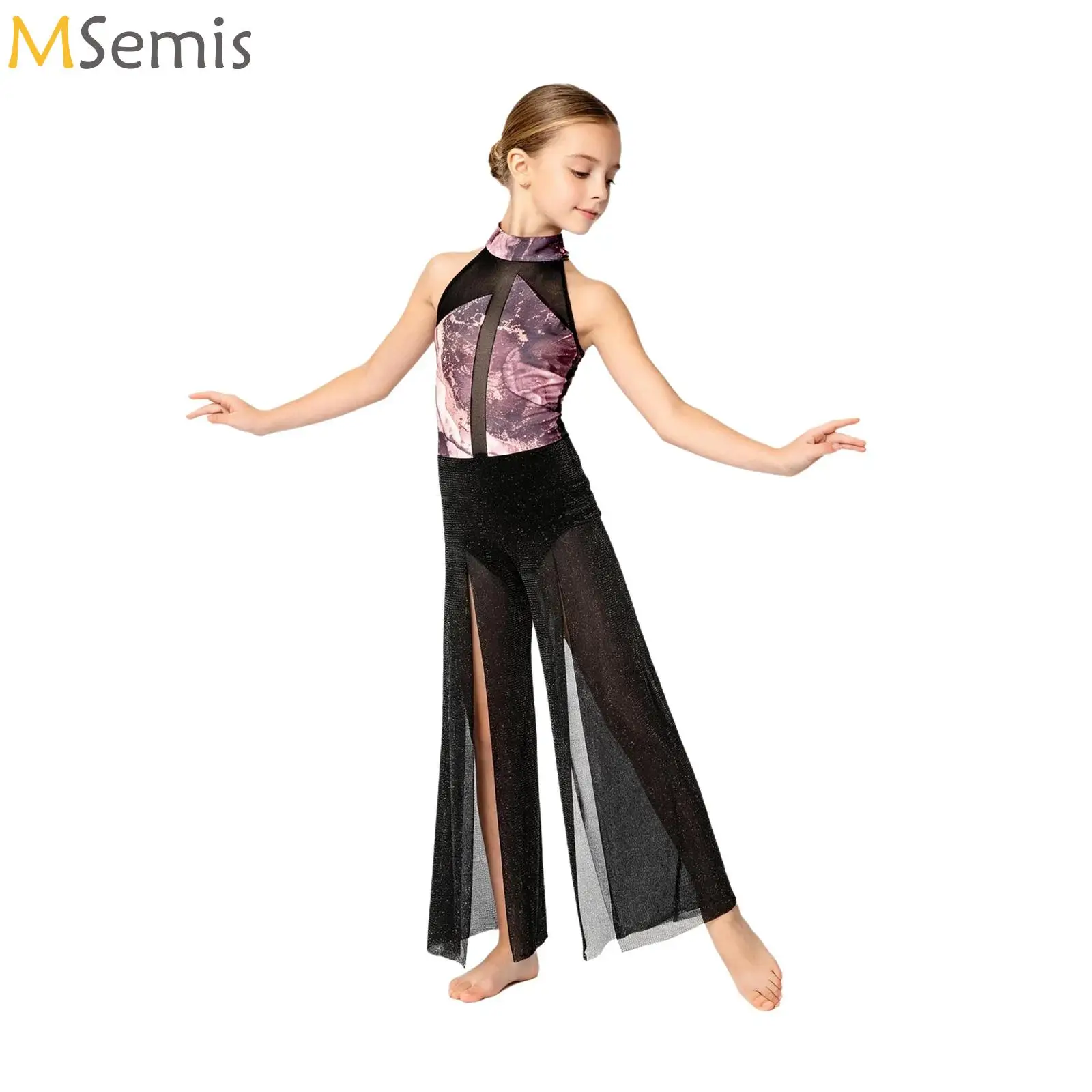 

Kids Girls Modern Lyrical Dance Jumpsuit Sheer Mesh Build in Briefs Bodysuit Leotard for Skating Gymnastics Acrobatics Ballet