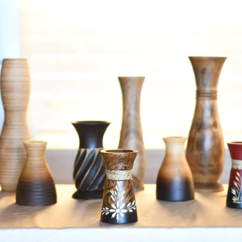 مزهرية مستطيلة مصنوعة يدويًا من خشب شجرة المانجو مقاس 6 بوصات |   مزهرية خشبية ريفية لسطح الطاولة