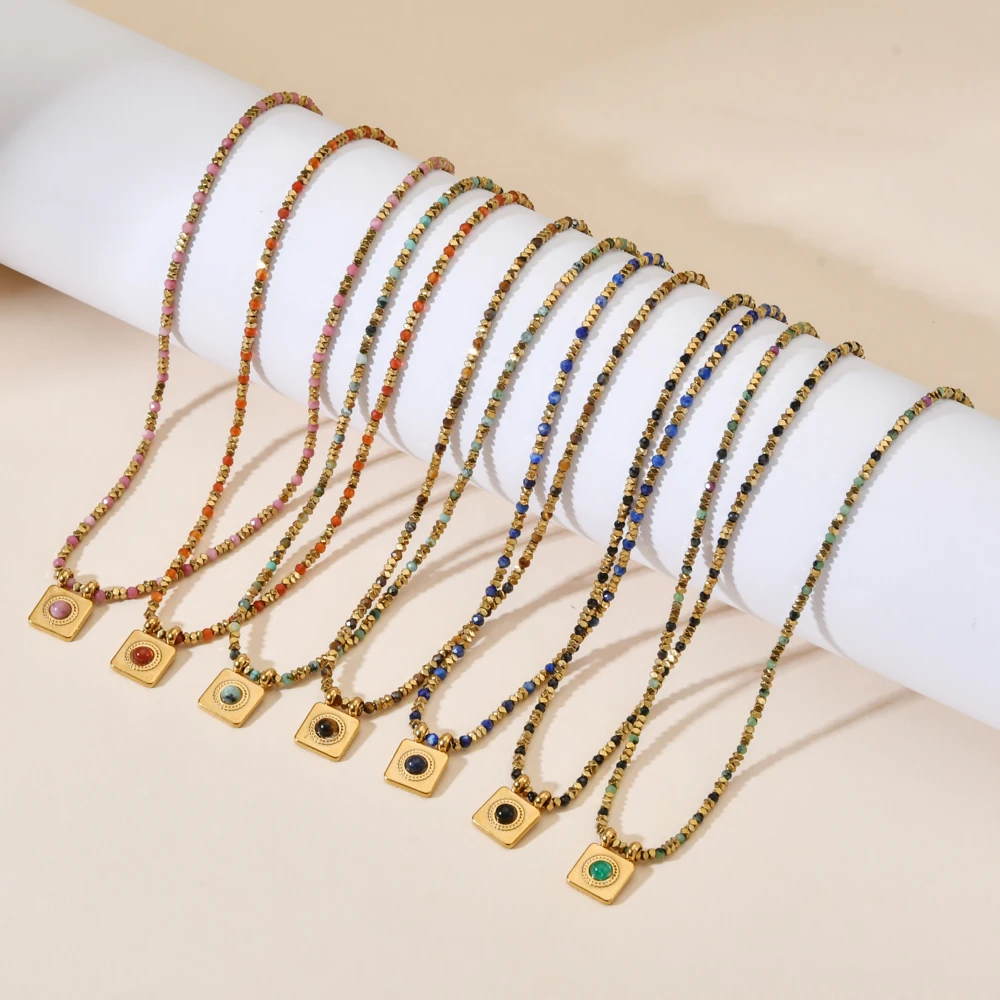 Neue Halskette aus Edelstahl mit quadratischen Perlen und Vintage-Tigerauge-Steinanhänger für Damen, modischer Trend, Schmuckgeschenk. – Detail 2