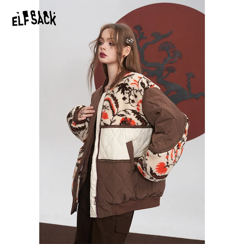 ELFSACK Spliced Cotton Coats Women 2023 Winter New Loose Rhombus Designed Jackets