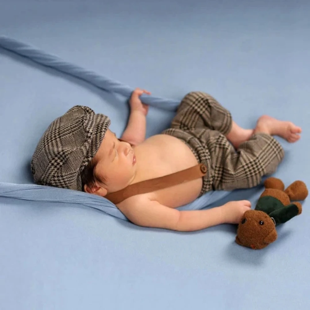 Newborn Photography Outfit Baby Houndstooth Suspender Pants and Beret Set Infant Photo Props Vintage Newborn Photography Costume image 5