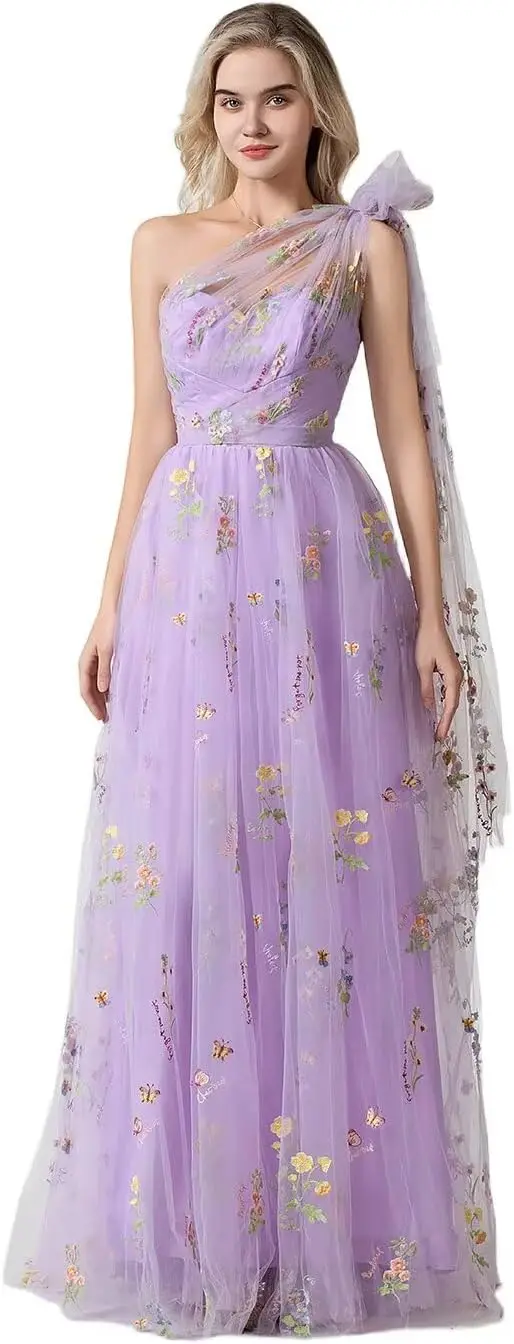 

Women's Flower Embroidery Tulle Prom Long One Shoulder A-Line Floral Party Formal Evening Dress Formal Dress Women Elegant