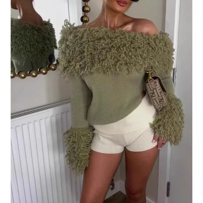 

Winter New Fashionable Design Slanted Shoulder Collar Texture Fringed Pullover Knitted Sweater