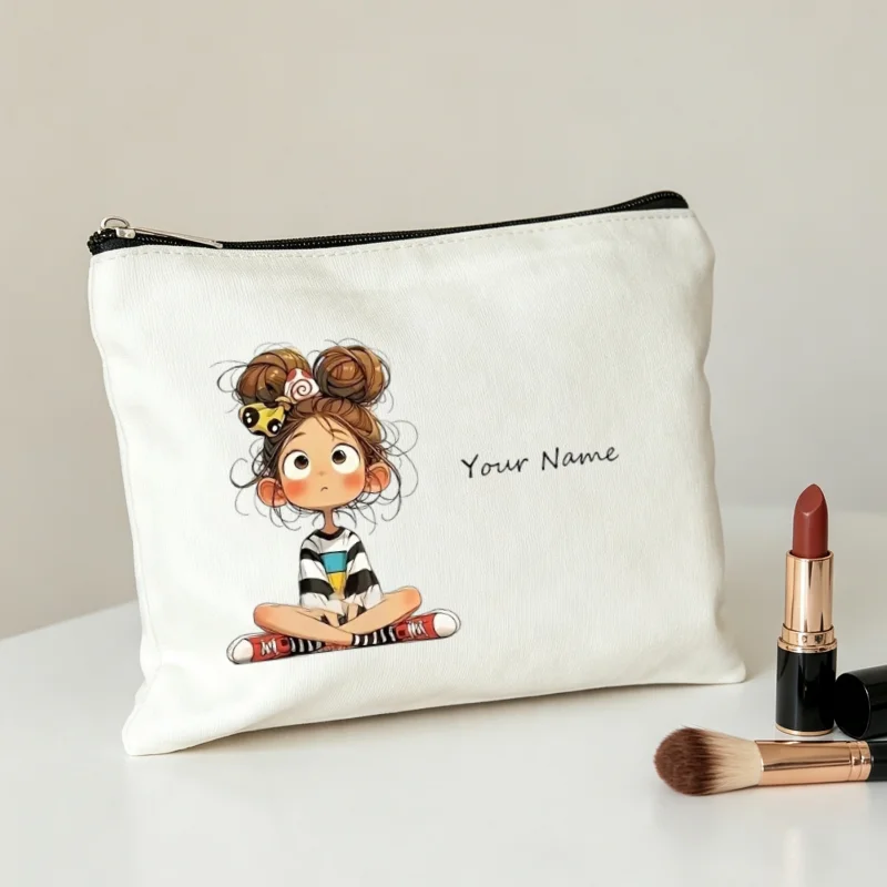 Custom Double Buns Cartoon Girl Makeup Pouch Zipper Cosmetic Bag Portable Toiletry Storage Pencil Case Gift for Girls Women Bags