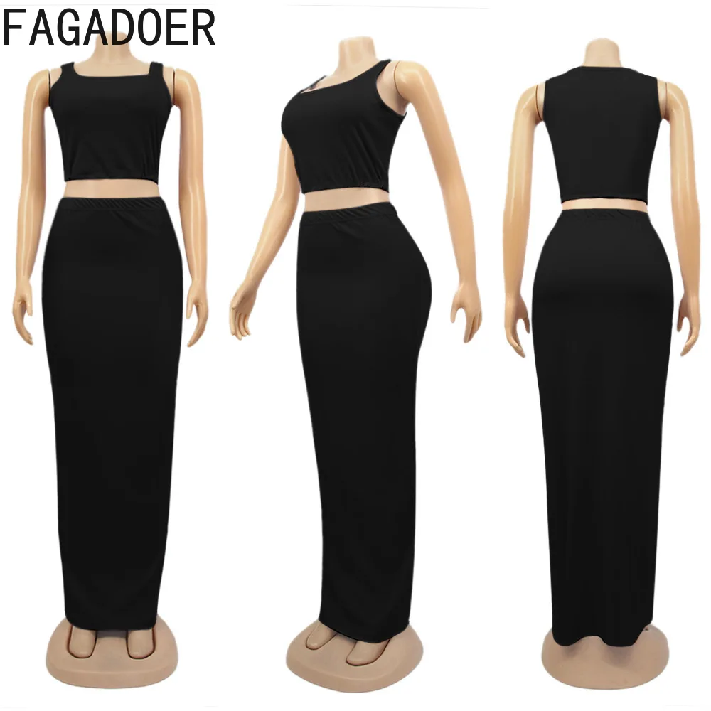 FAGADOER Elegant Lady Solid Skinny Skirts Two Piece Sets Women Strap Sleeveless Backless Crop Top And Skirts Outfits Streetwear