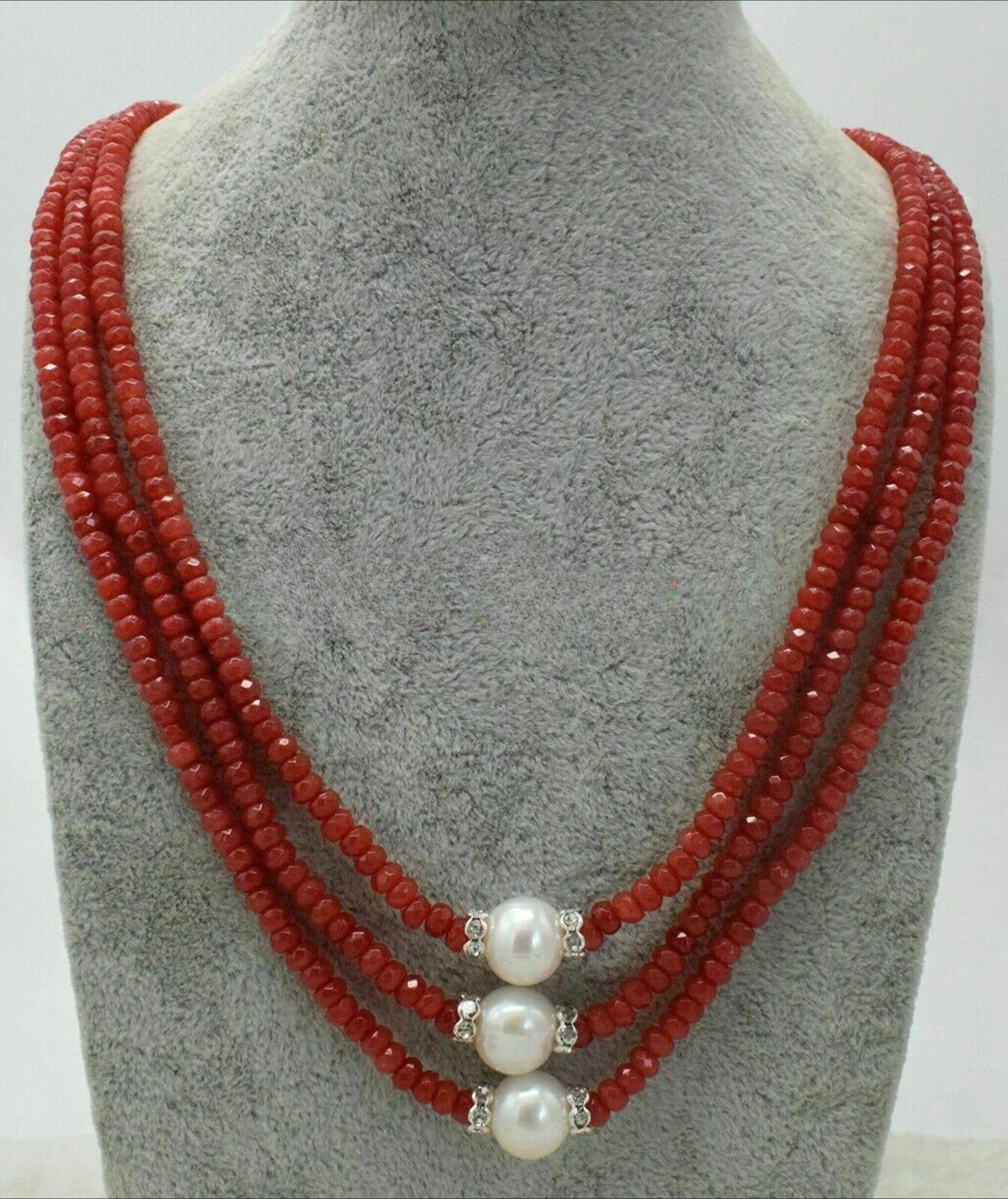 3 Rows 2x4mm Faceted Red Jade Gemstone White Cultured Pearl Necklace 17-19''