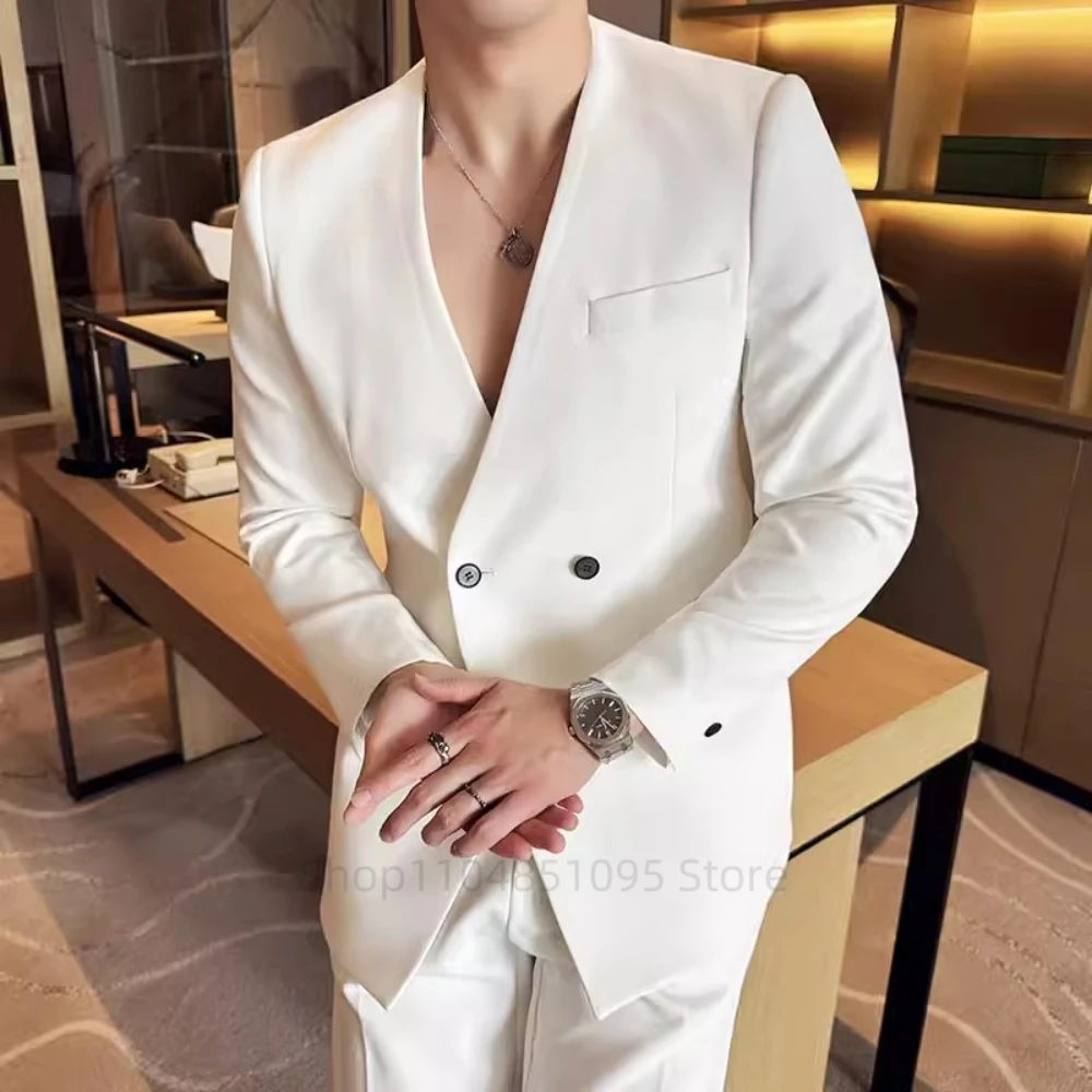 

Fashion Style Men Suits Casual Wedding Tuxedo 2 Piece Formal Office Suit Slim Fit Double Breasted Collarless Suits Men Clothes