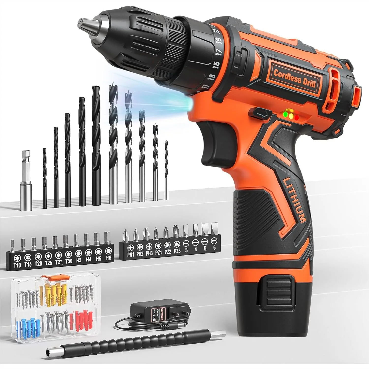 

Cordless Drill Set, 12V Power Drill Driver with 92 Accessories, Built-in LED Light, 25+1 Torque Settings for Home DIY Projects