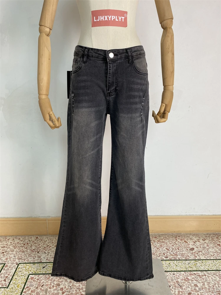 

Women's Black Gray Distressed Micro Flared Jeans Cool Girl Wide Leg Streetwear Trouser Female Casual Vintage Denim Pants