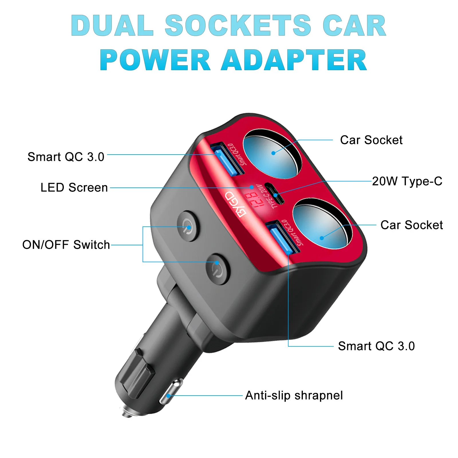 

Multifunctional Car Charger, Super Fast Charge, 3-in-1 Cigarette Lighter, Dual Port QC3.0 Quick Charger