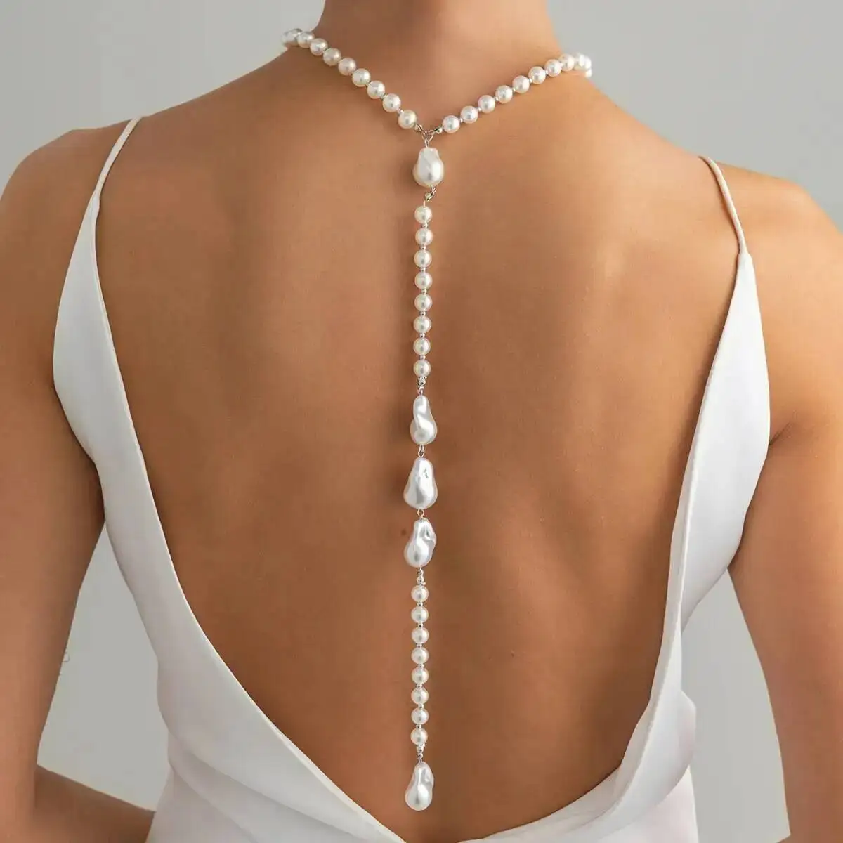 Ingemark Luxury Baroque Imitation Pearl Back Chain Long Necklace Women Elegant Versatile Adjustable Chokers Wedding Jewelry New