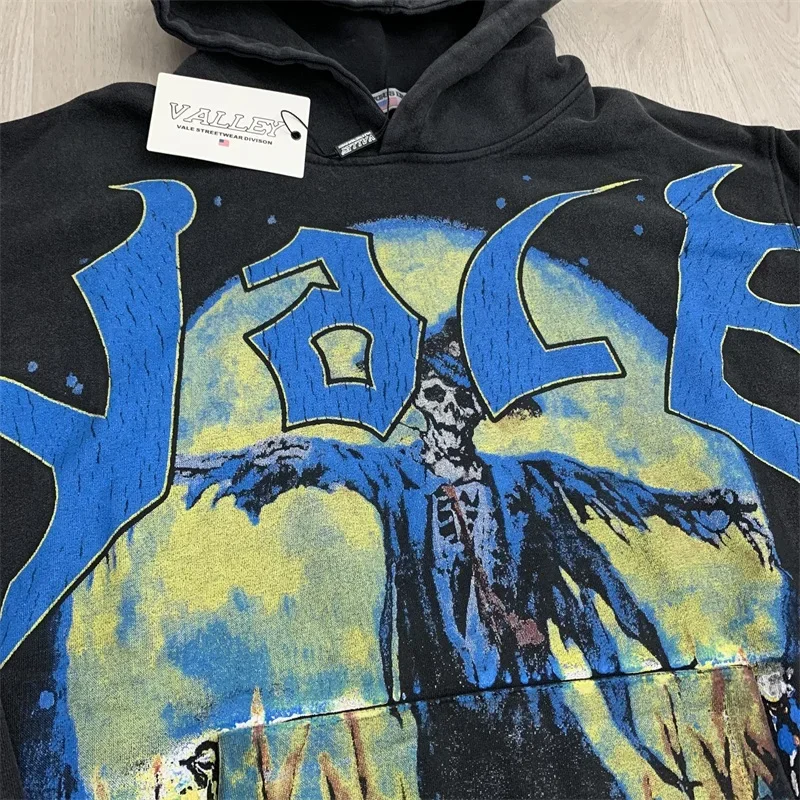 

Skull Print VALLEY Black Sweatshirts Oversized Hip Hop Vale Men's Hooded Pullover