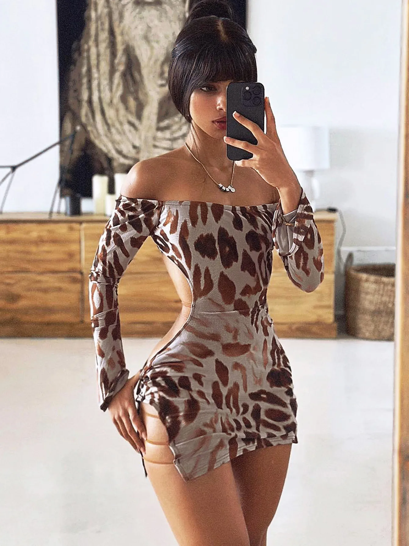 

Crystal Printed Backless Long Sleeved Dress 2024 Autumn Women's Clothes Sexy Hot Girl Short Dress Female Vestidos