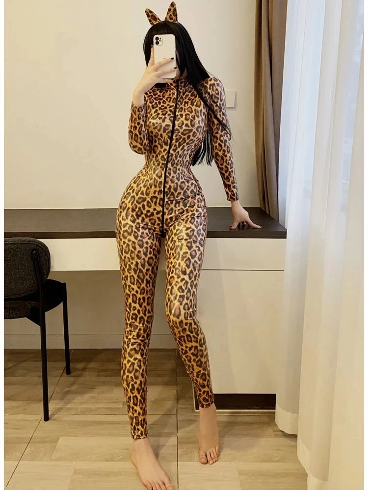 Glänzende Leoparden-Overalls, PU-Leder-Trikot, langärmelige Bodys, Strumpfhosen, Cosplay, Reißverschluss, offener Schritt, eng anliegende sexy Dessous