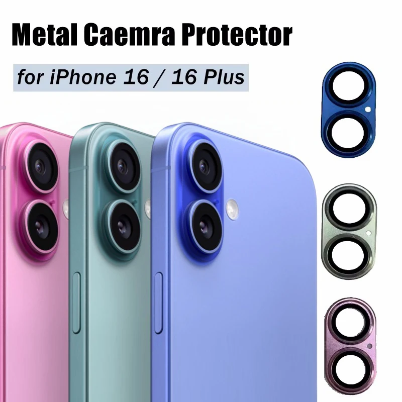 Metal Camera Lens Protector for iPhone 16 / 16 Plus Protective Cap Glass Full Cover Black Lens Protector