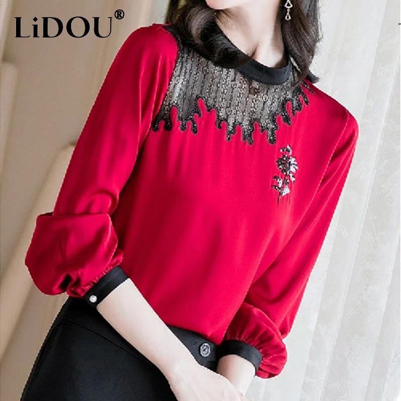 

Korean Fashion Lace Beading Sequins Long Sleeve Satin Blouse Office Lady Grace Stand Collar Temperament Shirts Female Clothing