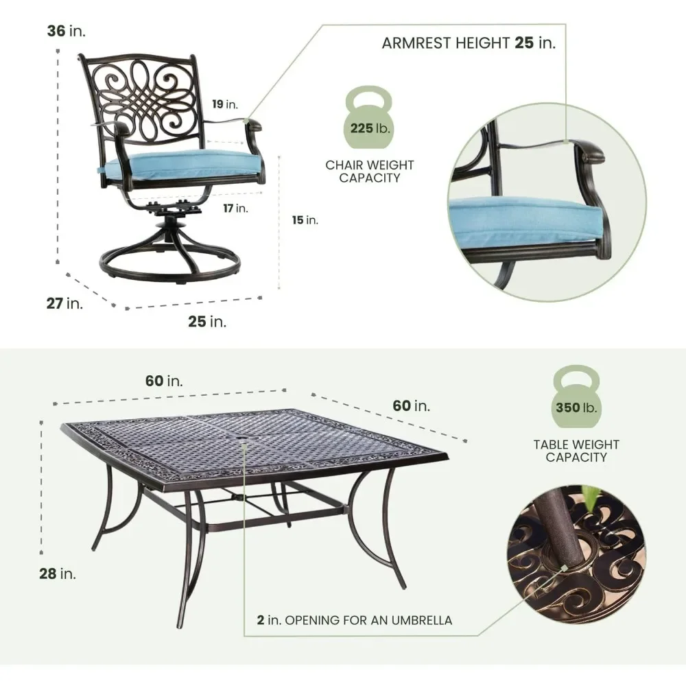 9-Piece Rust-Free Aluminum Outdoor Patio Dining Set with Blue Cushions, 8 Swivel Rockers and Aluminum Square Dining Table