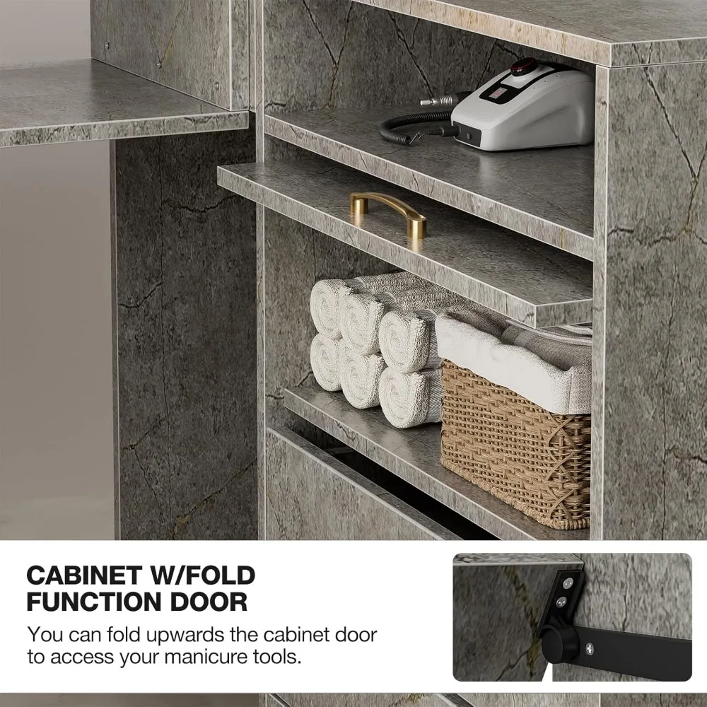 Manicure Table with LED Light, L-Shaped Glass Top Nail Tech Table w/2 Storage Shelves, Upwards Cabinet Door,Corner Nail Station