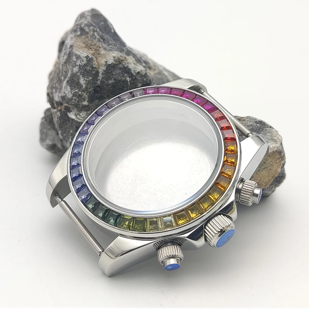 Caja de reloj VK63 para hombre, accesorios de reloj, cronógrafo de 3 ojos, caja de cuarzo multifunción, bisel de diamante colorido