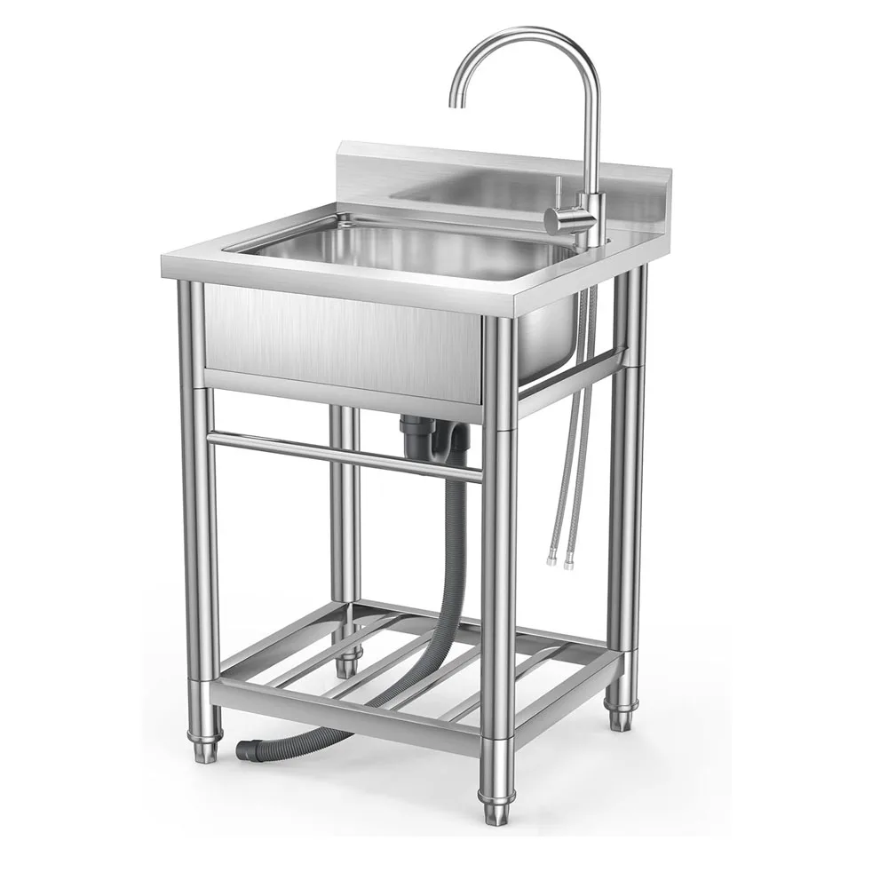 

Stainless Steel Utility Sink Freestanding Single Bowl With Cold and Hot Water Pipe and Faucet, Kitchen Sink for Restaurant