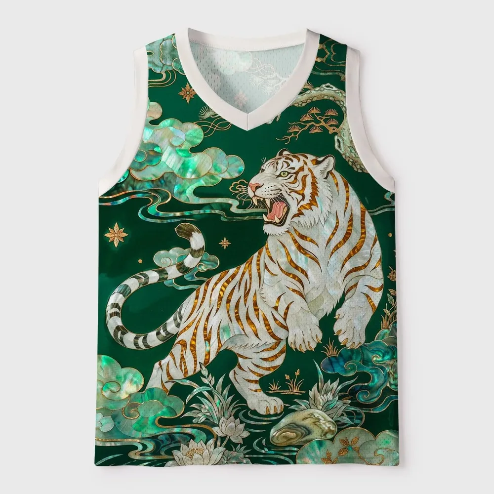 Retro Tiger Patterns 3D Printed Men's  V-neck Vest Fashionable Casual Breathable and Quick-drying Outdoor Sports Street Clothing
