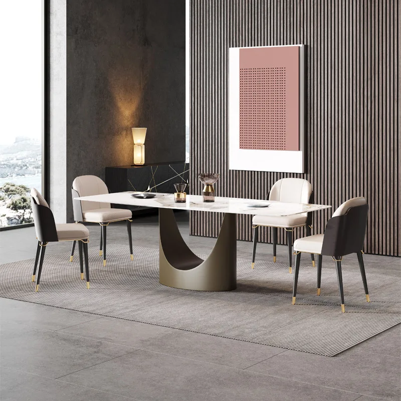 Luxury Full Metal Dining Table Set 4 Chairs 6 Seats Dining Room Furniture Modern Home Marble Slate Top Dining Table